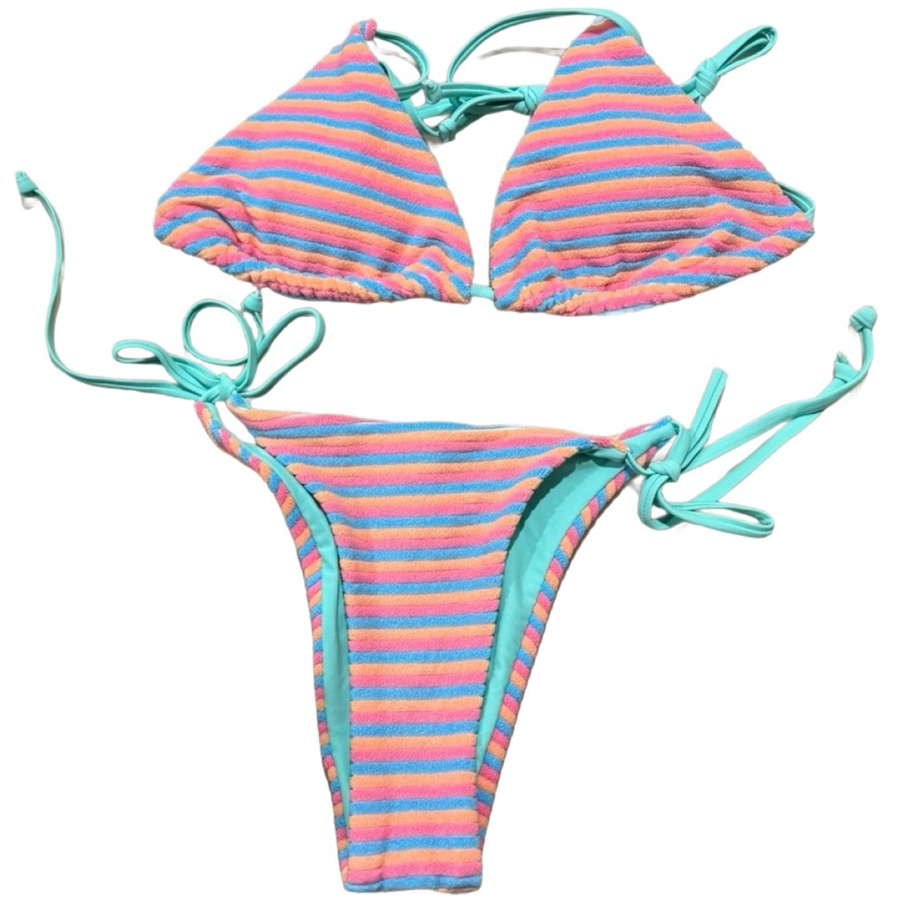 Triangle dupe Terrycloth Bikini with Pastel Stripes | Size XS | NWT